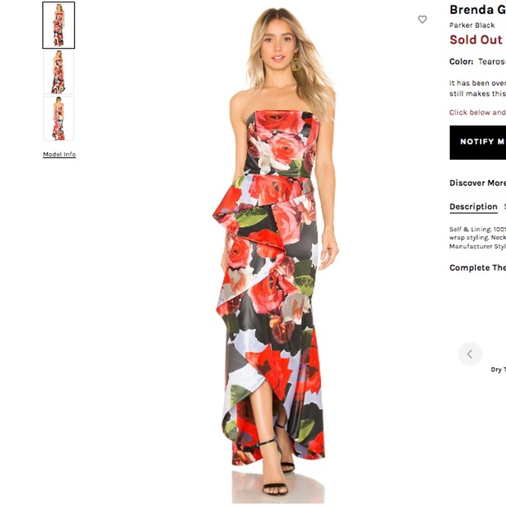 Parker Black Brenda Gown, size 00. Strapless, red/black/light blue/pink. NWT